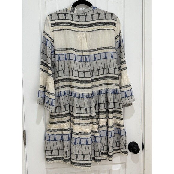 Pearl & Caviar Embroidered Knee Length Dress Blue Tiered Pleated  M/L Greece - Picture 4 of 11